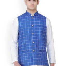Exotic India Checked Mandarin Collar Jute Cotton Nehru Jacket-picture-13