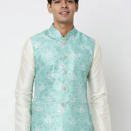 Ethnicity Men Blue Woven Design Nehru Jackets-17