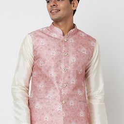 Ethnicity Men Pink & White Floral Printed Polyester Nehru Jacket-48