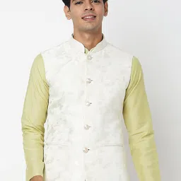 Ethnicity Men Cream Colored Self-Design Nehru Jackets-29