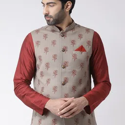 KISAH Men Grey & Red Printed Woven Nehru Jacket-0