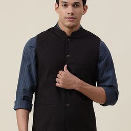Fabindia Men Black Solid Cotton Nehru Jackets-picture-45