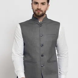 TREEMODA Men Grey Solid Nehru Jackets-picture-30