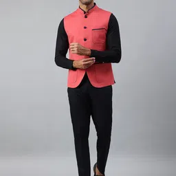 MR BUTTON Men Pink Solid Nehru Jacket image 4