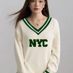 CLAFOUTIS Varsity Self Design V-Neck Oversized T-shirt-image-58