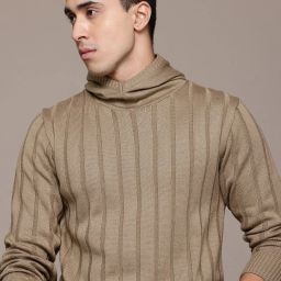 Men Self Design Hooded Neck Beige Sweater-picture-12