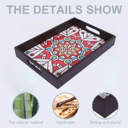 kuber industries Wooden Mandala Square Design Farmhouse Platter|Rectangular Shape,Set of 3(Brown) Tray image 3