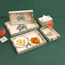 Floral Print Enamel Multi-Purpose Tray Set Serving Tray Set for Kitchen Tray Serving Set-image-4