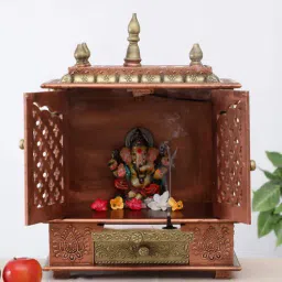 home decor international Pooja Mandap Copper Sheesham Wood & MDF Floor Rested Mandir With Door-picture-0