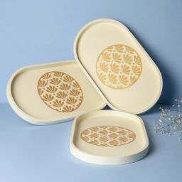 bambaise White Premium MDF Lotus Carved Medium Oval Tray with Mandala Art-picture-38