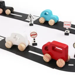 Wooden Push Toy Mini Drop / Emergency Vehicles with Traffic Signal & Roads set-5
