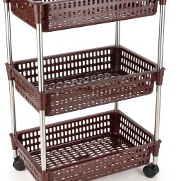 3 Layer Rolling Cart With Handle and Wheel Vegetable Basket Plastic, Stainless Steel Kitchen Trolley-63