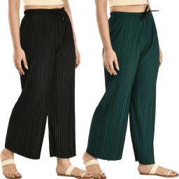 Pack of 2 Women Loose Fit Black, Green Lycra Blend Trousers-image-47