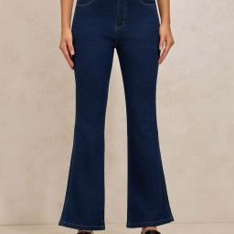 Women Flared Mid Rise Dark Blue Jeans-image-4