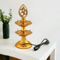 2 Layer Electric LED Temple Lamp for Mandir & Home Decor Jayot for Puja Gold Plastic Table Diya-image-20