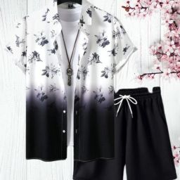 Men Night Suit Set White, Black Printed-image-60
