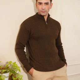 Men Self Design High Neck Brown Sweater-image-34