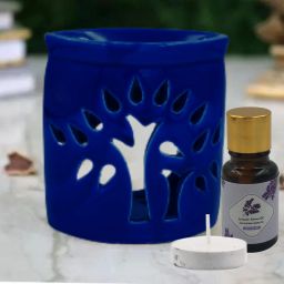 TreeCut Shape Ceramic Blue Diffuser With 10ml Lavender Fragrance Diffuser Set, Aroma Oil-53