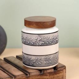 vareesha Grey White Embossed Ceramic Air Tight Jar with Wooden Lid-picture-38