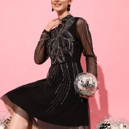 Women A-line Black Below Knee Dress-image-74