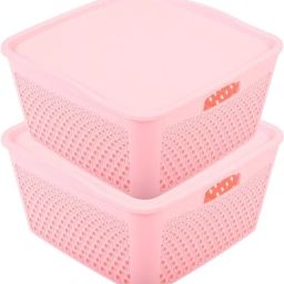 Plastic Square Shape Plastic Storage Baskets with lid Medium Pack of 2 (Pink) Storage Basket-picture-45
