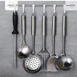 Stainless Steel Rail with 6 Plastic Hooks Bathroom Kitchen Sticker Hanger Hook Rail 1-image-26
