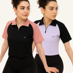Pack of 2 Women Colorblock Polo Neck Polyester Black, Purple T-Shirt-image-96
