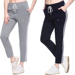 Pack of 2 Women Striped Grey, Dark Blue Track Pants-image-2