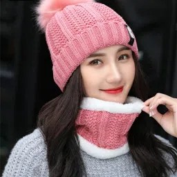 Woolen Beanie Cap with Scarf Set Stretch Warm(Inside Fur) Lining for girls|Women Beanie-15