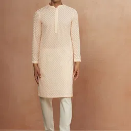 Manyavar Men Peach-Coloured Ethnic Motifs Embroidered Pure Cotton Kurta with Pyjamas-27