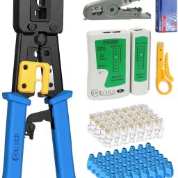 RJ45 Crimping Tool Kit with Tester, Stripper & 20 Cat6 Connectors + Covers Pass-Through RJ45 Crimper Kit Cat5/6 Tool, Tester, 20 Plugs & Covers Manual Crimper-image-20
