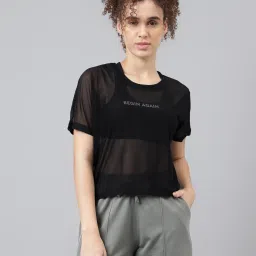 Women Typography Crew Neck Nylon Black T-Shirt-image-2