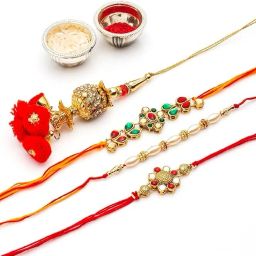 craftvatika Bhaiya Bhabhi RAKHI236 Kundan, Mauli Thread, Pearl Rakhi, Chawal Roli Pack, Greeting Card Set image 3