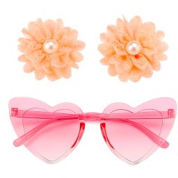 Adorable Baby Gift Set 1Pcs Heart Shape Sunglasses & 2Pcs Floral Hair Bow Pairs Hair Clip-image-3
