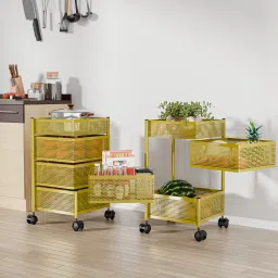 Pack of 2 Kitchen 3+1 Layer Metal Storage Rack with Wheels|Square Shape -Golden Iron Kitchen Trolley-image-94