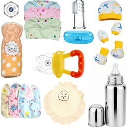 Baby Feeding Kit Steel Bottle+cover,Langot,Bibs,Cap mitten,Fruit Feeder,Pillow - Silicon-30