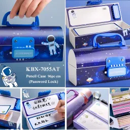 vvn Trandy Blue Space-Themed Design Password Code Lock Multi-Layer Compartments Suitcase Style Design Password Lock Cartoon Art Durable Plastic Construction Art Plastic Pencil Box image 4