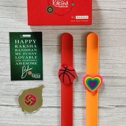 EL REGALO Kids Set Of 2 Red Orange Embedded Rakhi Combo with Card & Roli Chawal-48
