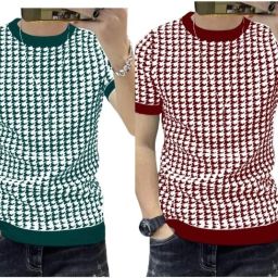 Pack of 2 Men Printed Round Neck Polyester Maroon, Dark Green T-Shirt-image-49