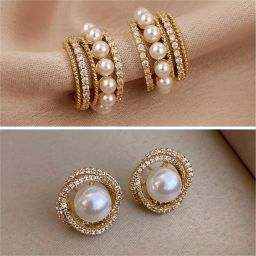 Combo of 2 Korean Earrings Pearl Earrings For Girls C-Shaped Earrings for Women Cubic Zirconia, Pearl Alloy, Brass Cuff Earring, Earring Set, Huggie Earring, Rhinestone Studs, Stud Earring-image-8