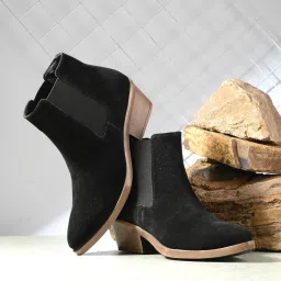 Women Black Genuine Leather Suede Chelsea Ankle Boots For Women-image-51