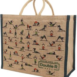 Big Eco reusable yoga print jute cloth Carry lunch tiffin box with bottle organizer small size with zip Reinforced Handle for men women pack of 1 Grocery Bag-21