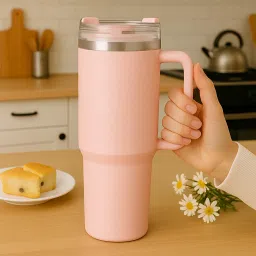Stanley Style Steel with Handle – 24H Cold, 12H Hot light pink Colour Stainless Steel Coffee Mug-image-2