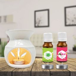 PEEPRESION White Ceramic Aroma Oil Burner With Rose & Lemongrass Aroma Oil(10ml Each) Home, Office, Spa, Hotel, Club, Gym, Conference Hall, Meeting Room Diffuser-81