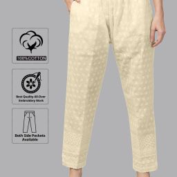 Women Regular Fit Cream Pure Cotton Trousers-image-15