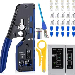 RJ45 Crimping Tool Kit, Passthrough Cat7 Cat6A Cat6 Cat5E Cat5 RJ45 Ethernet Crimp Tool with 10PCS Cat7 Connector 10PCS Cat6 Connector 10PCS Covers 1 Tester Manual Crimper-28