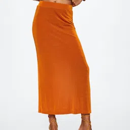 MANGO Women Orange Solid Satin Straight Maxi Sustainable Skirt-image-19