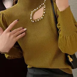 StyleCast Girls Khaki Embellished High Neck Cut-Out Detail Knitted Top-image-74