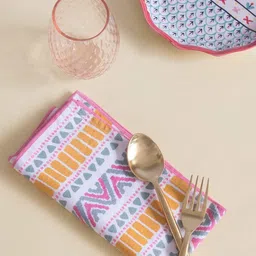 The Wishing Chair Set Of 6 Yellow & Pink Printed Cotton Table Napkins-2
