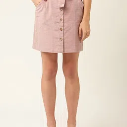 ELLE Women Pink Solid Pure Cotton A-Line Above Knee-Length Skirt with Attached Belt-image-25